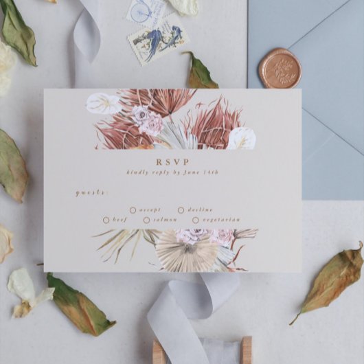Cream Beige Pampas Grass Floral Jungle Wedding RSVP Karte