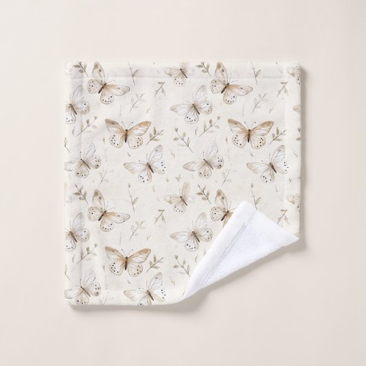 Cream Beige Sand Butterflies Badhandtuch Set (Waschlappen)