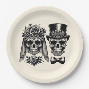 Cream Black & Gold Vintage-Skelett-Hochzeit Pappteller