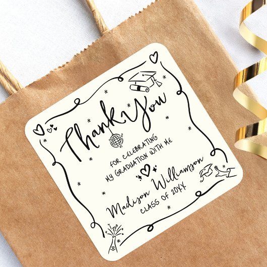 Cream Black Hand Drawn Doodle Graduation Thank You Quadratischer Aufkleber