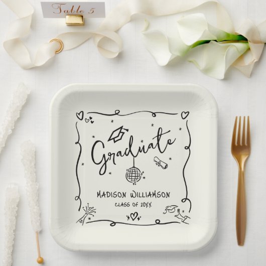 Cream Black Hand Drawn Doodles Graduation Quirky Pappteller (Hochzeit)