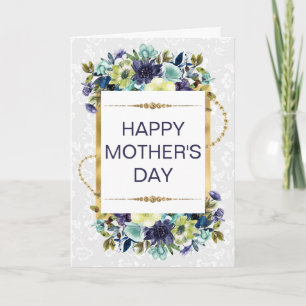 Cream & Blaue Blumen & Gold Glitter Muttertag Karte
