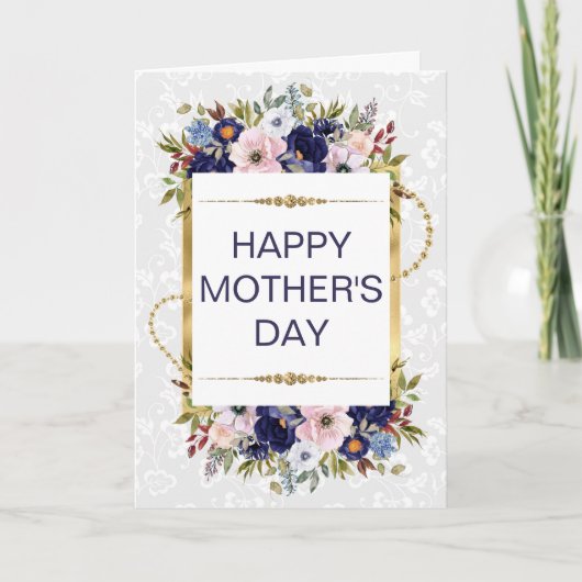 Cream & Blaue Blumen & Gold Glitter Muttertag Karte (Vorderseite)