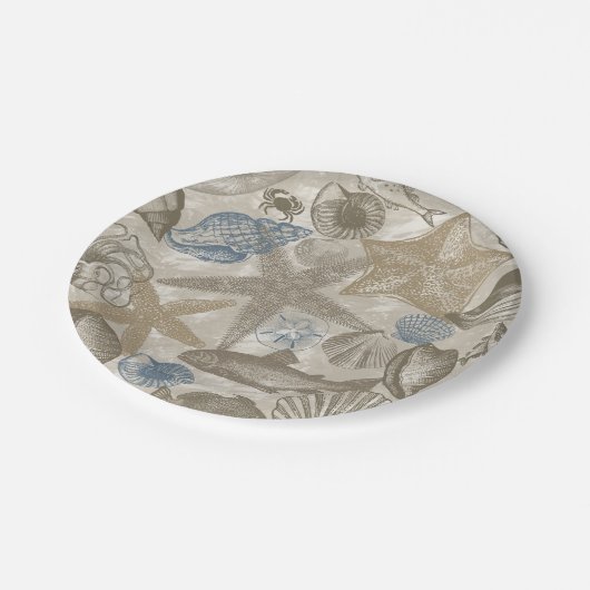 Cream Blue Beach Muscheln Pappteller (Schrägansicht)