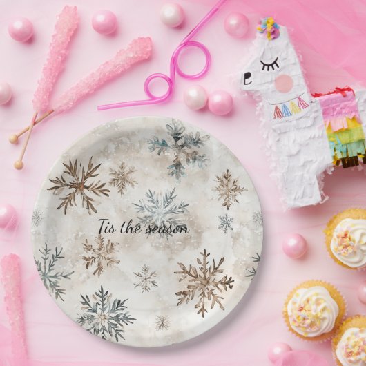 Cream Blue Brown Snowflakes Christmas Pappteller (Party)