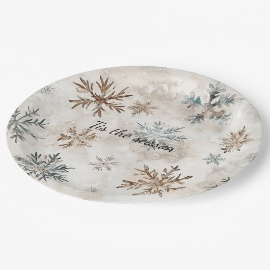 Cream Blue Brown Snowflakes Christmas Pappteller (Schrägansicht)