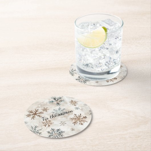 Cream Blue Brown Snowflakes Christmas Runder Pappuntersetzer (Vor Ort)