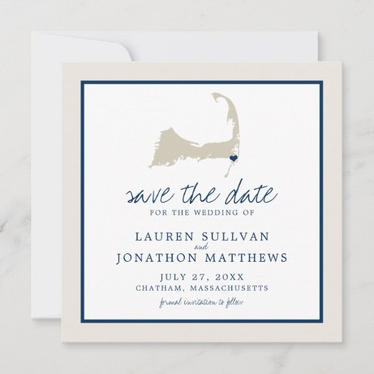 Cream Blue Cape Cod Map Wedding the Date Save The Date (Vorderseite)