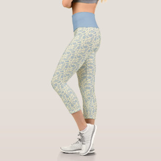 Cream Blue Paisley Pattern High Waisted Capris