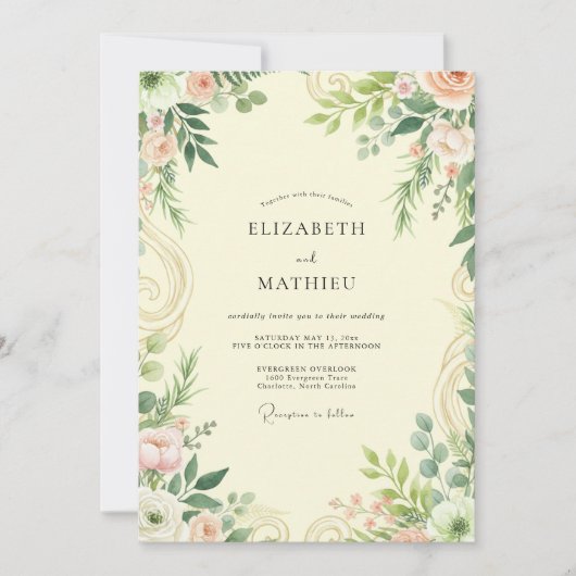 Cream Blush Leafy Hochzeit Einladung (Vorderseite)