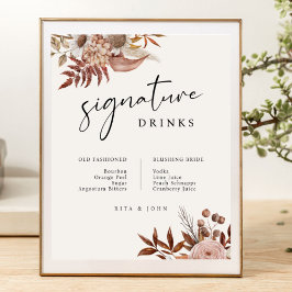 Cream Boho Blumengetränke Bar Signature Wedding Poster