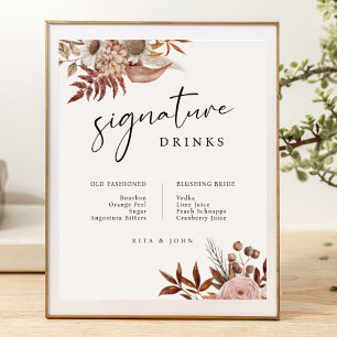 Cream Boho Blumengetränke Bar Signature Wedding Poster