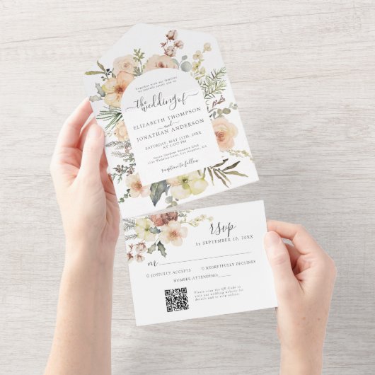 Cream Boho Christmas QR Code Winter Floral Wedding All In One Einladung (Abreißen)