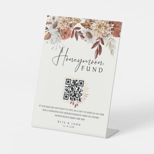Cream Boho Honeymoon Fund QR Code Wedding Sign Sockelschild (Vorderseite)