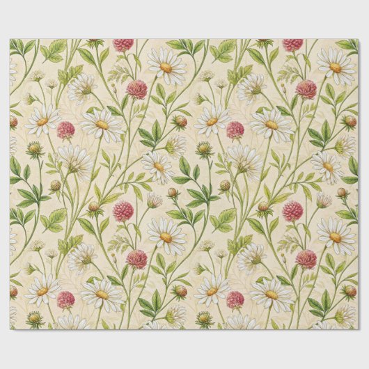 Cream Boho Meadow with Daisies and Clover Geschenkpapier (Flach)
