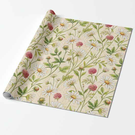 Cream Boho Meadow with Daisies and Clover Geschenkpapier (Ungerollt)