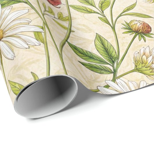 Cream Boho Meadow with Daisies and Clover Geschenkpapier (Rolleneckpunkt)