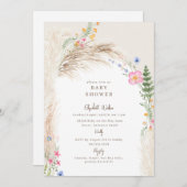 Cream Boho Pampas Wildblume Babydusche Einladung (Vorne/Hinten)