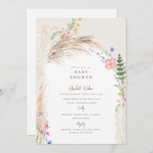 Cream Boho Pampas Wildblume Babydusche Einladung (Vorne/Hinten)