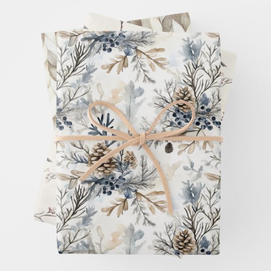 Cream Bronze Blue Birds Pine Cones Christmas Geschenkpapier Set (Beispiel)