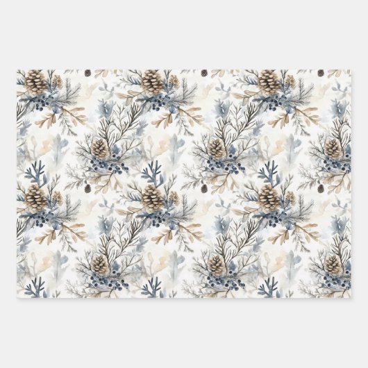 Cream Bronze Blue Birds Pine Cones Christmas Geschenkpapier Set (Vorderseite)