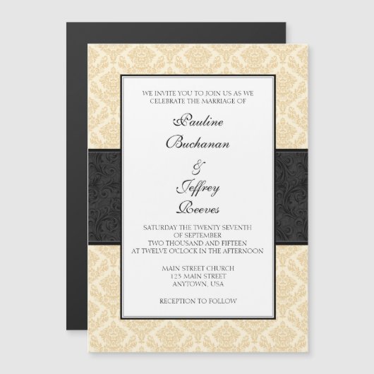 Cream Brown Black Damask Magnetic Wedites Einladun Magneteinladung (Vorne/Hinten)
