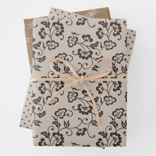 Cream Brown Blume Dots Dragonflies Geschenkpapier Set (Beispiel)