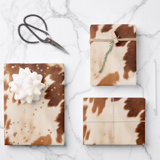 Cream Brown Cowhide Gold Tree Geschenkpapier Set (Vorderseite)