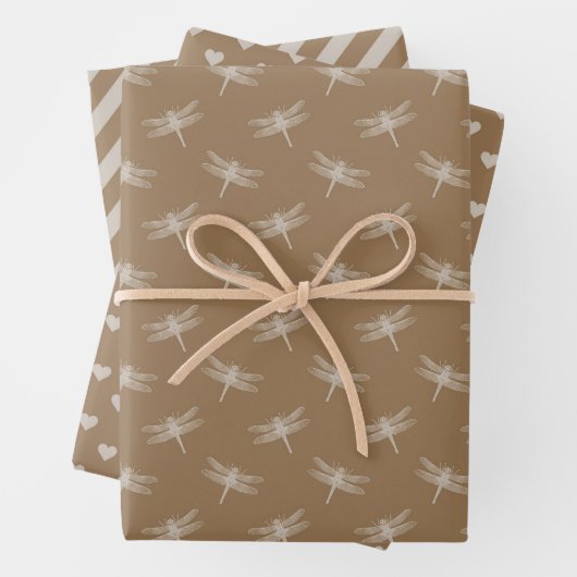 Cream Brown Dragonflies Herz Streifen Geschenkpapier Set (Beispiel)