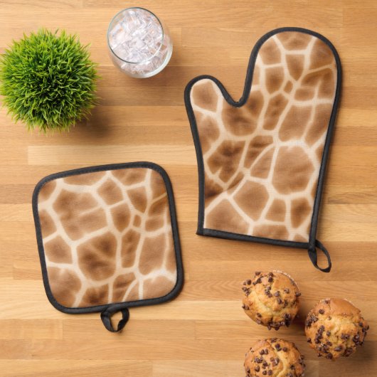 Cream Brown Giraffe Animal Print Ofenhandschuh & Topflappen-Set (Oben Unten)