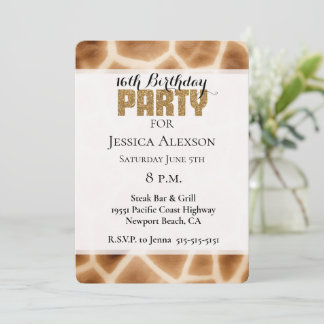 Cream Brown Giraffe Gold Glitzer Party Einladung