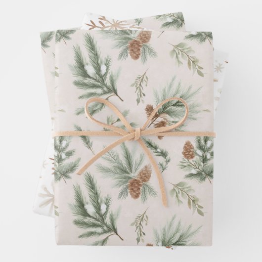 Cream Brown Green Christmas Pine Cones Snowflakes Geschenkpapier Set (Beispiel)