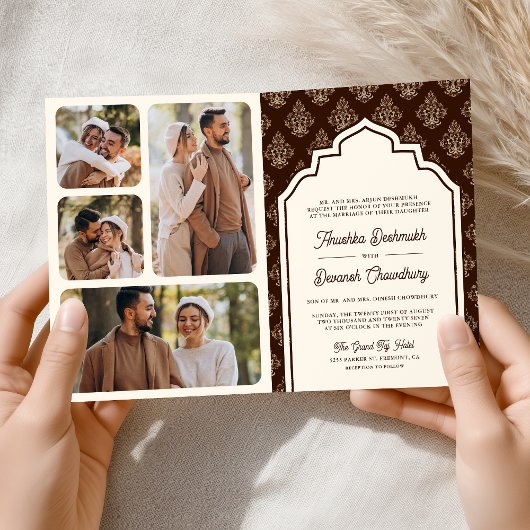 Cream Brown Ikat Foto Collage Indian Wedding Einladung