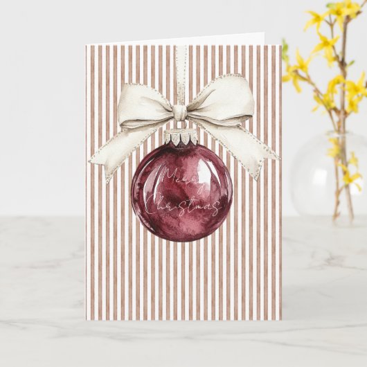 Cream Brown Stripes Red Christmas Ornament Bow Karte (Gelbe Blume)