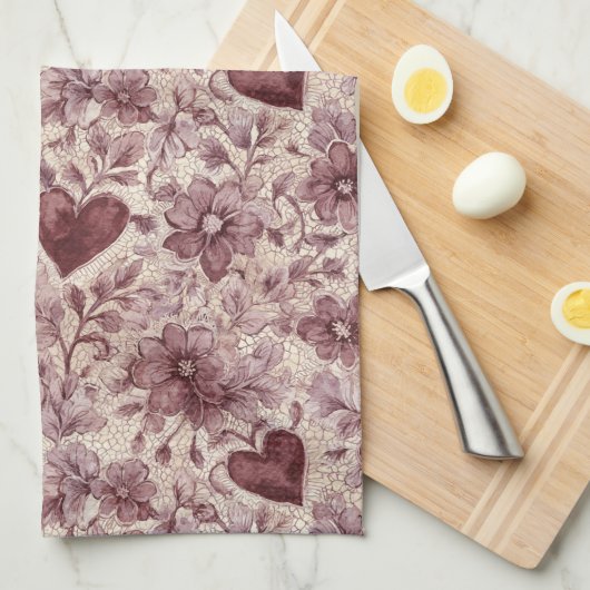 Cream Burgundy Red Hearts Flowers Geschirrtuch (Viertel Falte)
