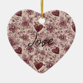 Cream Burgundy Red Hearts Flowers Keramik Ornament