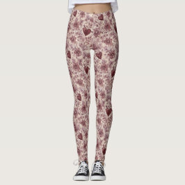 Cream Burgundy Red Hearts Flowers Leggings