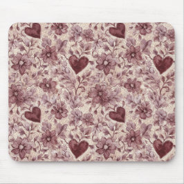 Cream Burgundy Red Hearts Flowers Mousepad