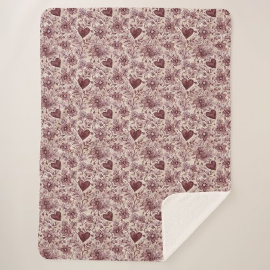 Cream Burgundy Red Hearts Flowers Sherpadecke (Vorderseite)