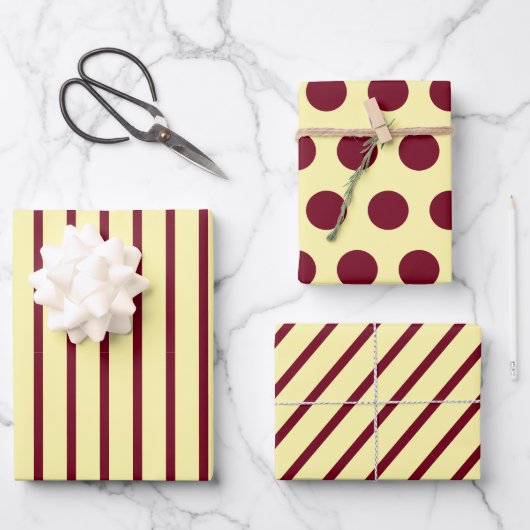 Cream Burgundy Stripe Circle Dot Geschenkpapier Set (Vorderseite)