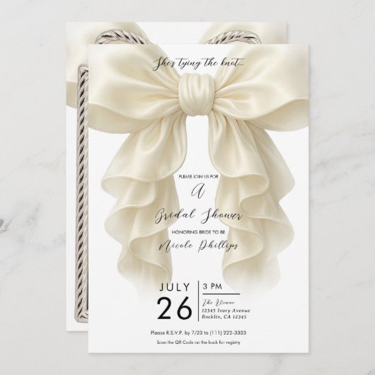 Cream Cascade Ruffle Bow Tying Knot Brautparty Einladung (Vorne/Hinten)
