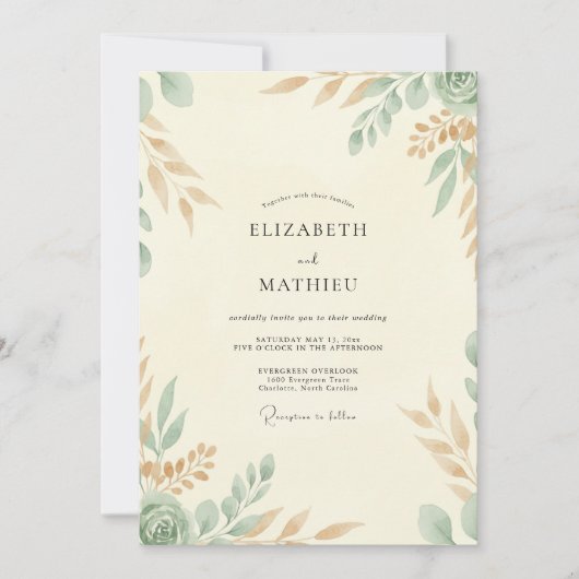 Cream Celadon Blatt Hochzeit Einladung (Vorderseite)