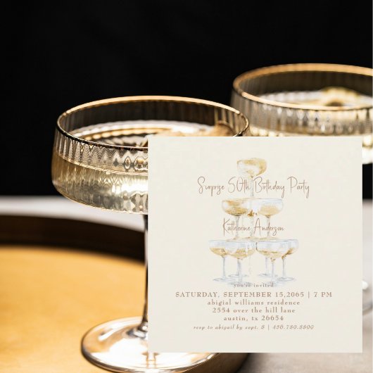 Cream Champagne Square Surprise 50th Birthday Einladung