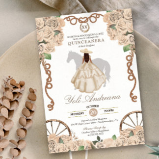 Cream Champagne White Rose Charra Quinceanera Einladung
