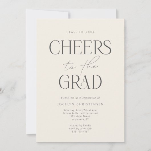 Cream Charcoal Gray Modern Cheers Grad Party Einladung (Vorderseite)