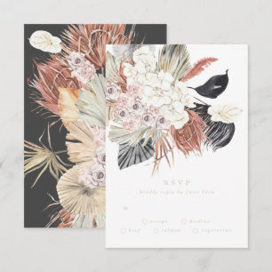 Cream Charcoal Pampas Grass Floral Jungle Wedding RSVP Karte