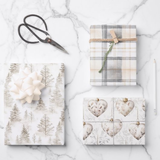 Cream Christmas Trees Hearts Plaid Stripes Geschenkpapier Set (Vorderseite)