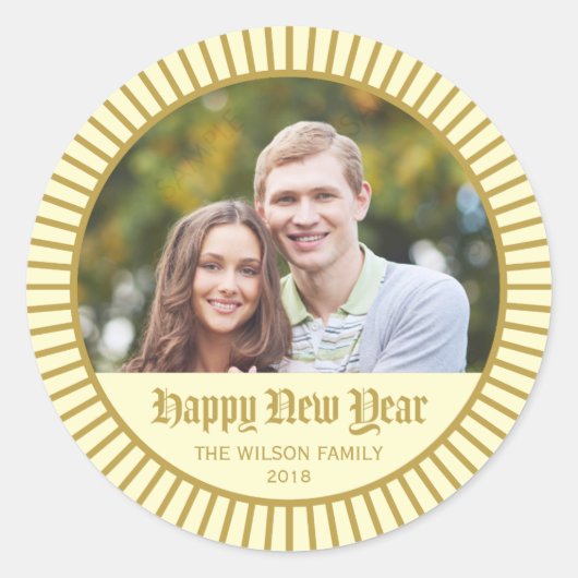 Cream Classic Decorative Happy New Year Foto Runder Aufkleber (Vorderseite)