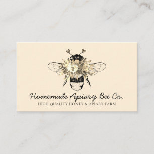 Cream Classy Heart Gold Floral Apiary Honey Bee Visitenkarte