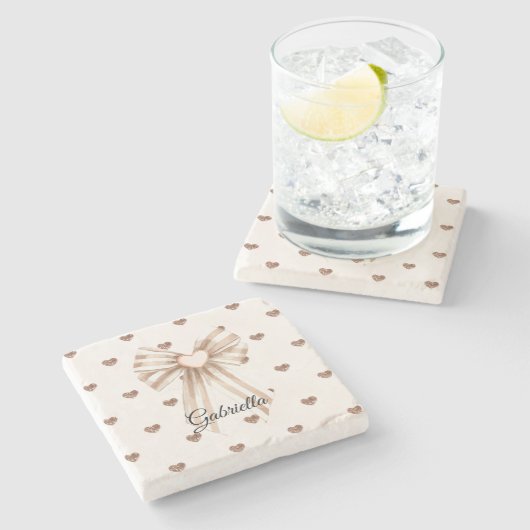 Cream Cocoa Bow Blush Pink Glitter Hearts Steinuntersetzer (Seitenansicht)